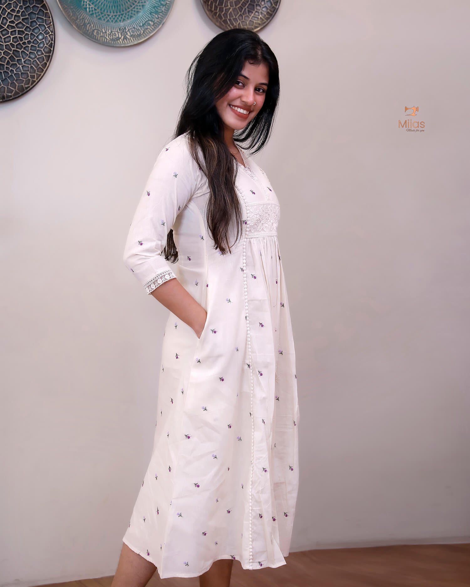 Embroidered Kora Cotton Kurti with Lace & Pleats-Off White.