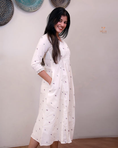 Embroidered Kora Cotton Kurti with Lace & Pleats-Off White.