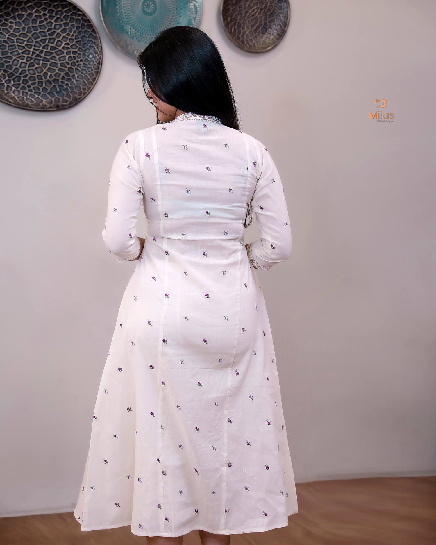 Embroidered Kora Cotton Kurti with Lace & Pleats-Off White.