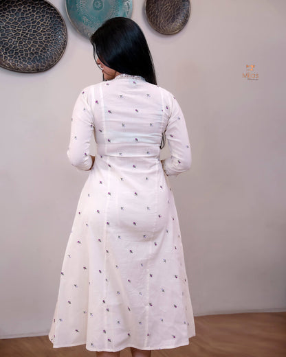 Embroidered Kora Cotton Kurti with Lace & Pleats-Off White.