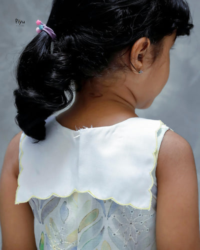 Linen Hakoba Frock: Scalloped Cutwork Box Pleat Dress-Yellow.