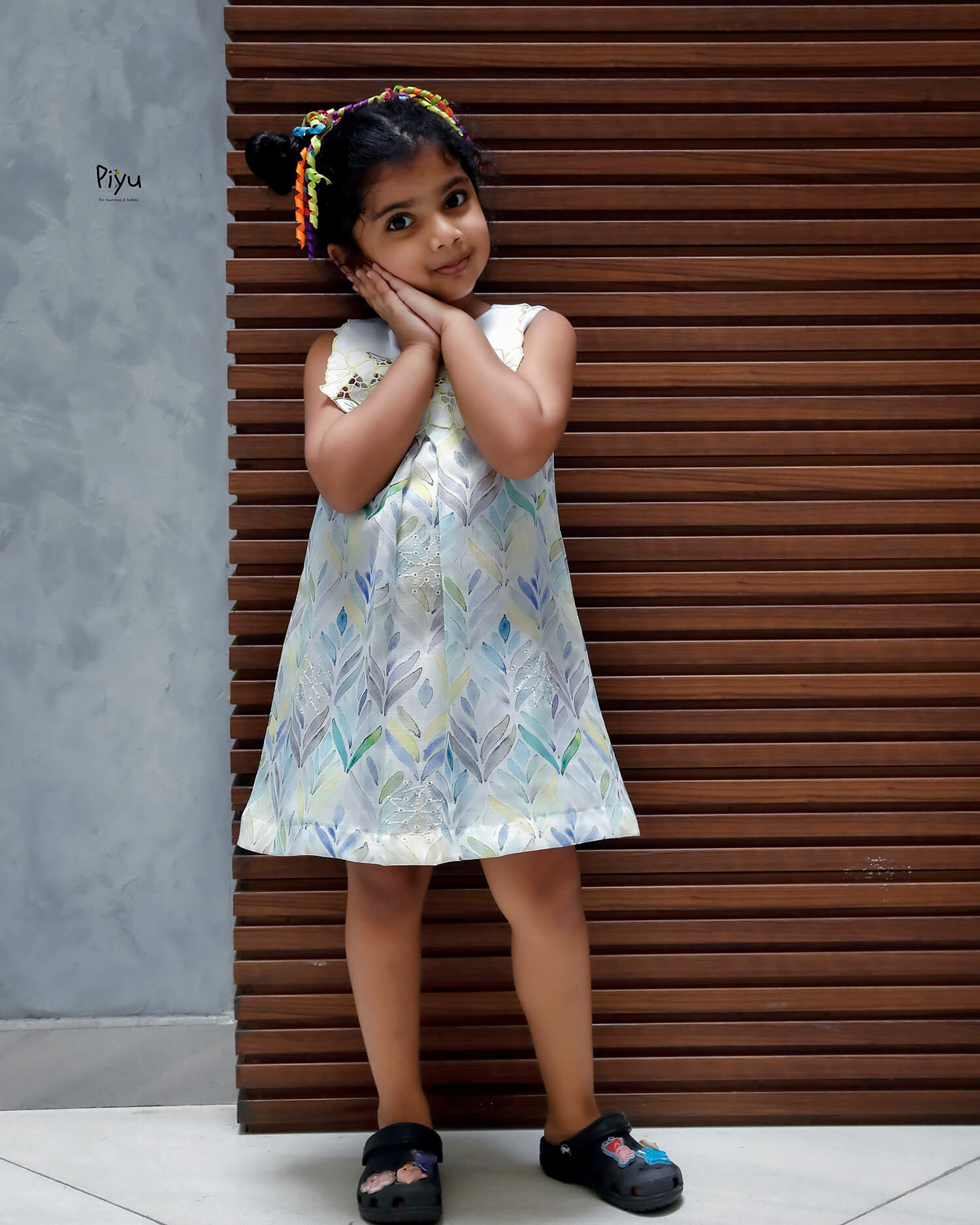 Linen Hakoba Frock: Scalloped Cutwork Box Pleat Dress-Yellow.