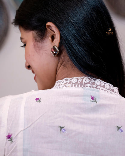 Embroidered Kora Cotton Kurti with Lace & Pleats-Off White.