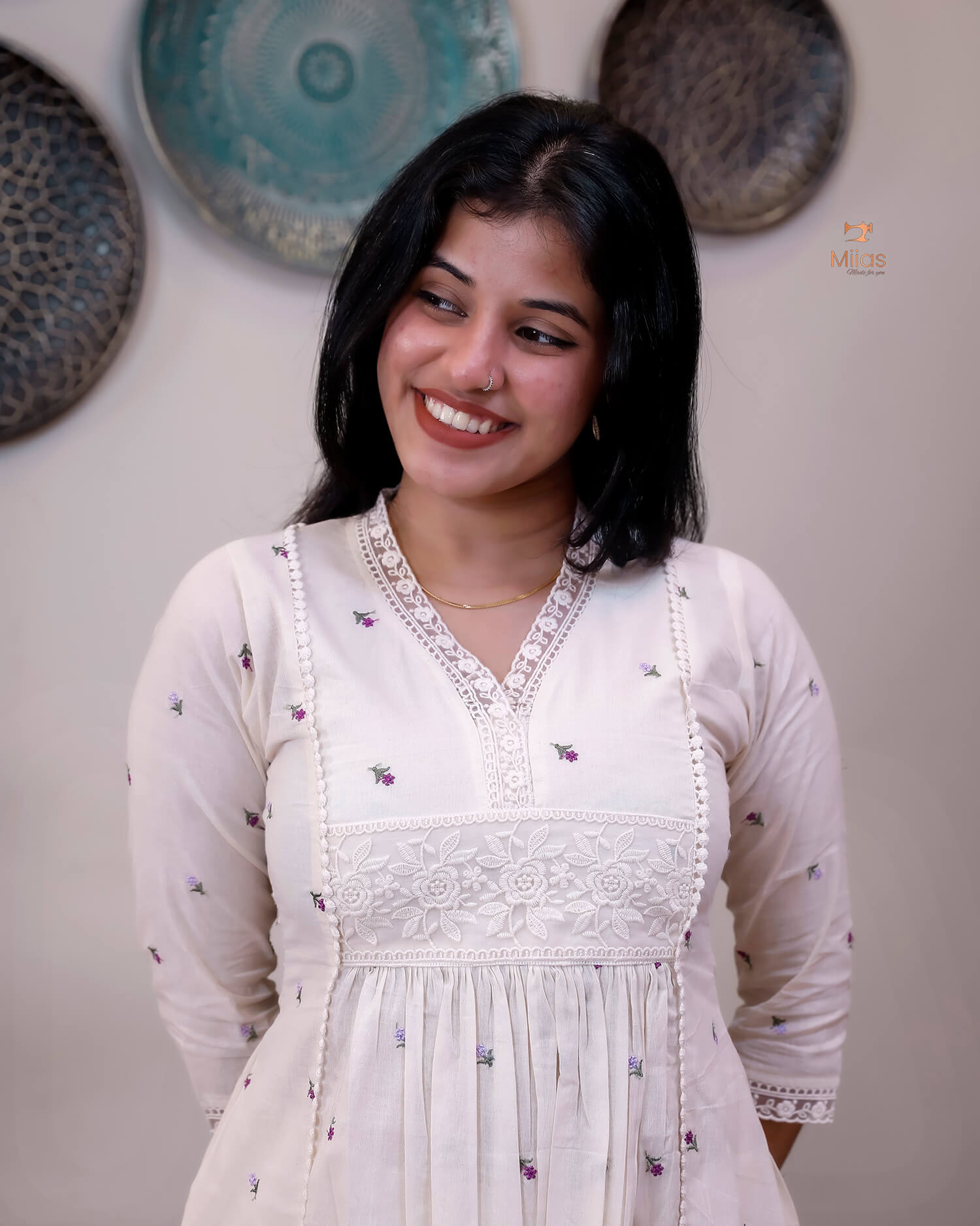 Embroidered Kora Cotton Kurti with Lace & Pleats-Off White.