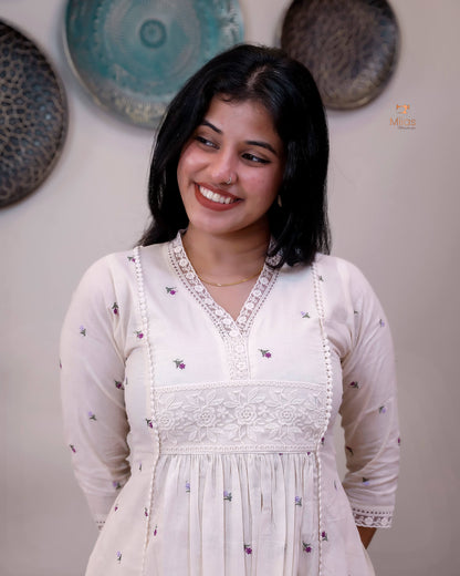 Embroidered Kora Cotton Kurti with Lace & Pleats-Off White.