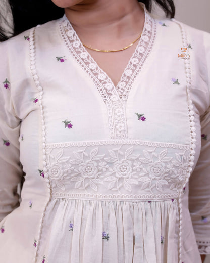 Embroidered Kora Cotton Kurti with Lace & Pleats-Off White.