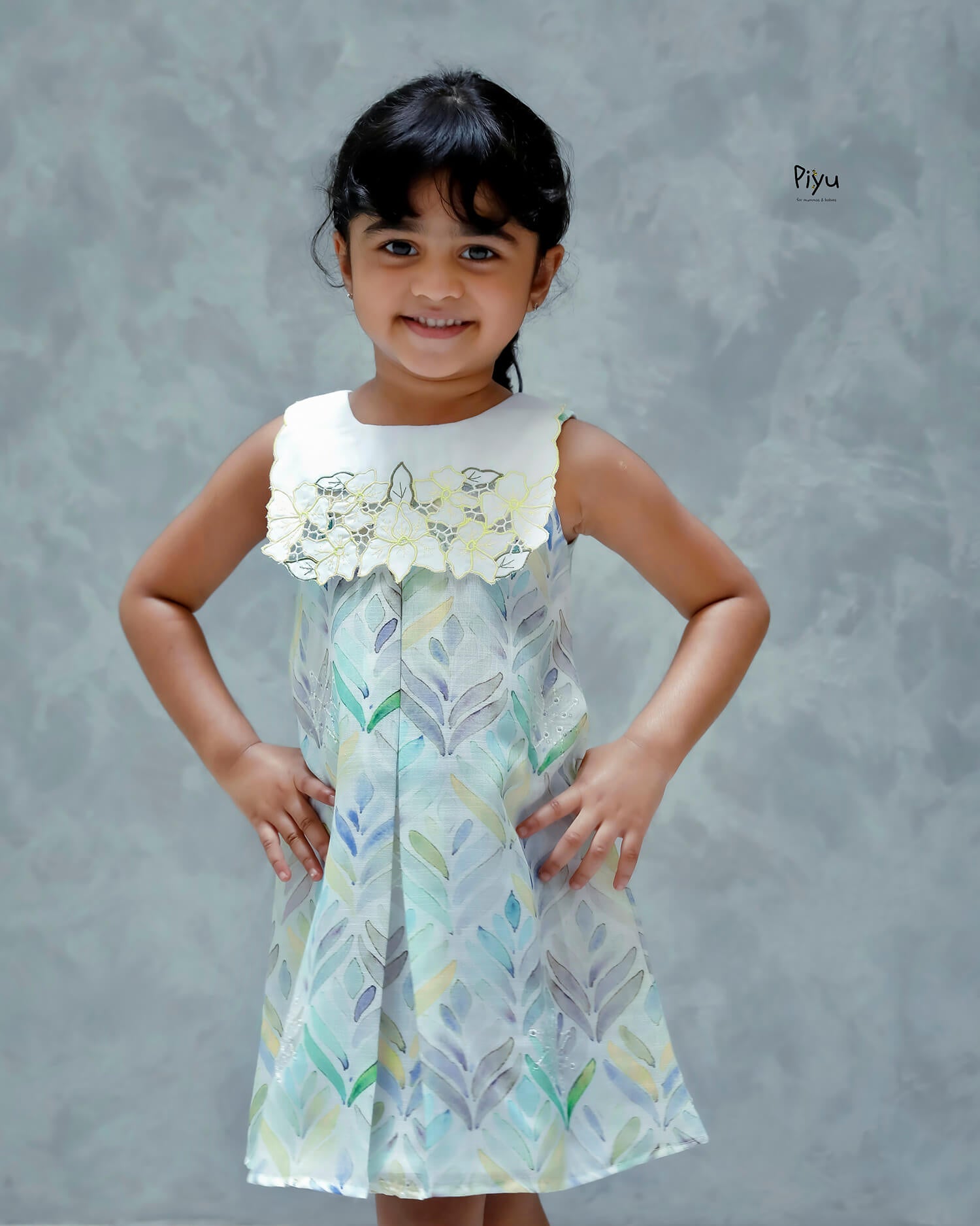 Linen Hakoba Frock: Scalloped Cutwork Box Pleat Dress-Yellow.