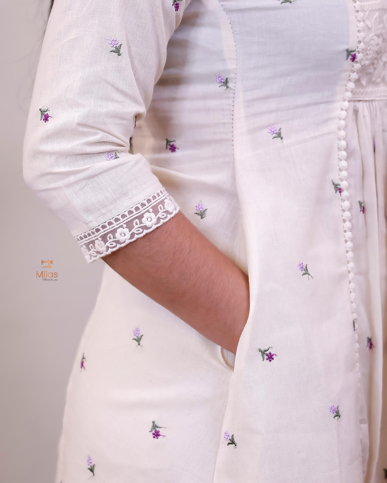 Embroidered Kora Cotton Kurti with Lace & Pleats-Off White.