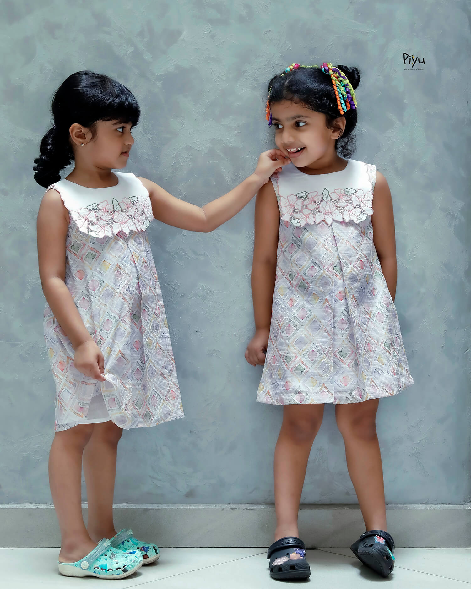 Linen Hakoba Frock: Scalloped Cutwork Box Pleat Dress-Peach.