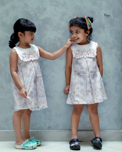 Linen Hakoba Frock: Scalloped Cutwork Box Pleat Dress-Peach.