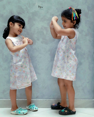 Linen Hakoba Frock: Scalloped Cutwork Box Pleat Dress-Peach.