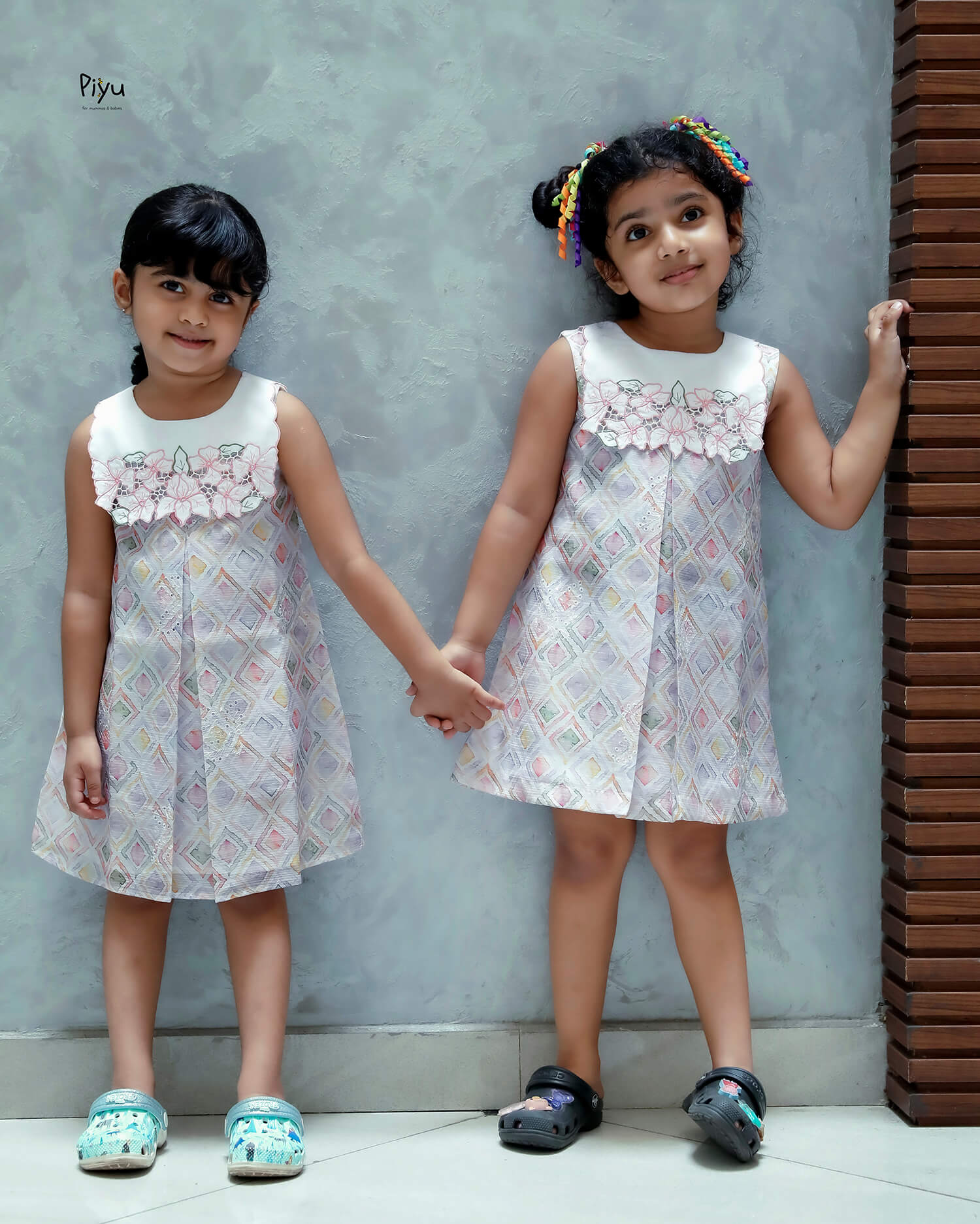 Linen Hakoba Frock: Scalloped Cutwork Box Pleat Dress-Peach.