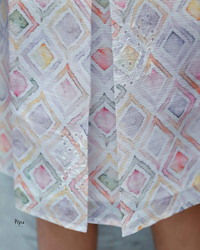 Linen Hakoba Frock: Scalloped Cutwork Box Pleat Dress-Peach.
