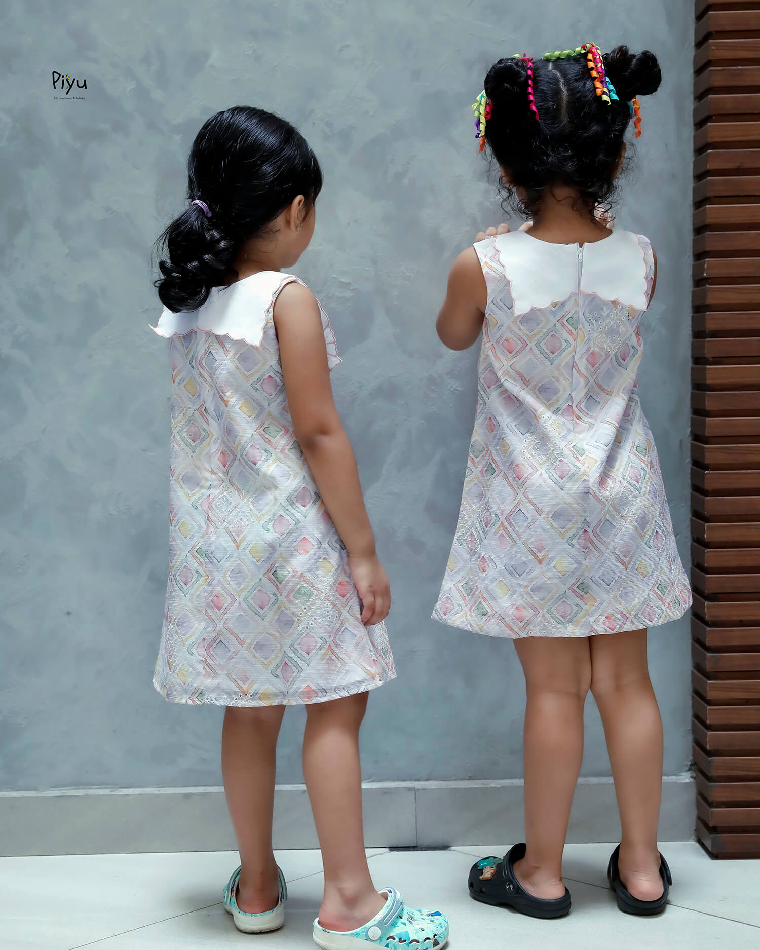 Linen Hakoba Frock: Scalloped Cutwork Box Pleat Dress-Peach.