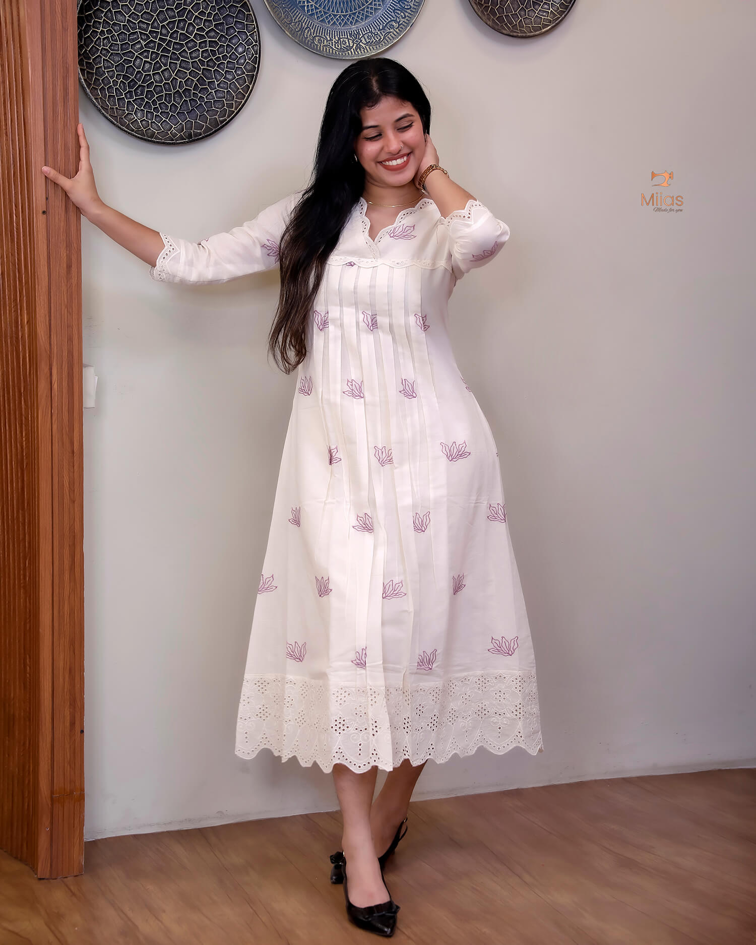 Kora Cotton A-Line Kurti | Off-White with Threadwork & Lace-Violet print.