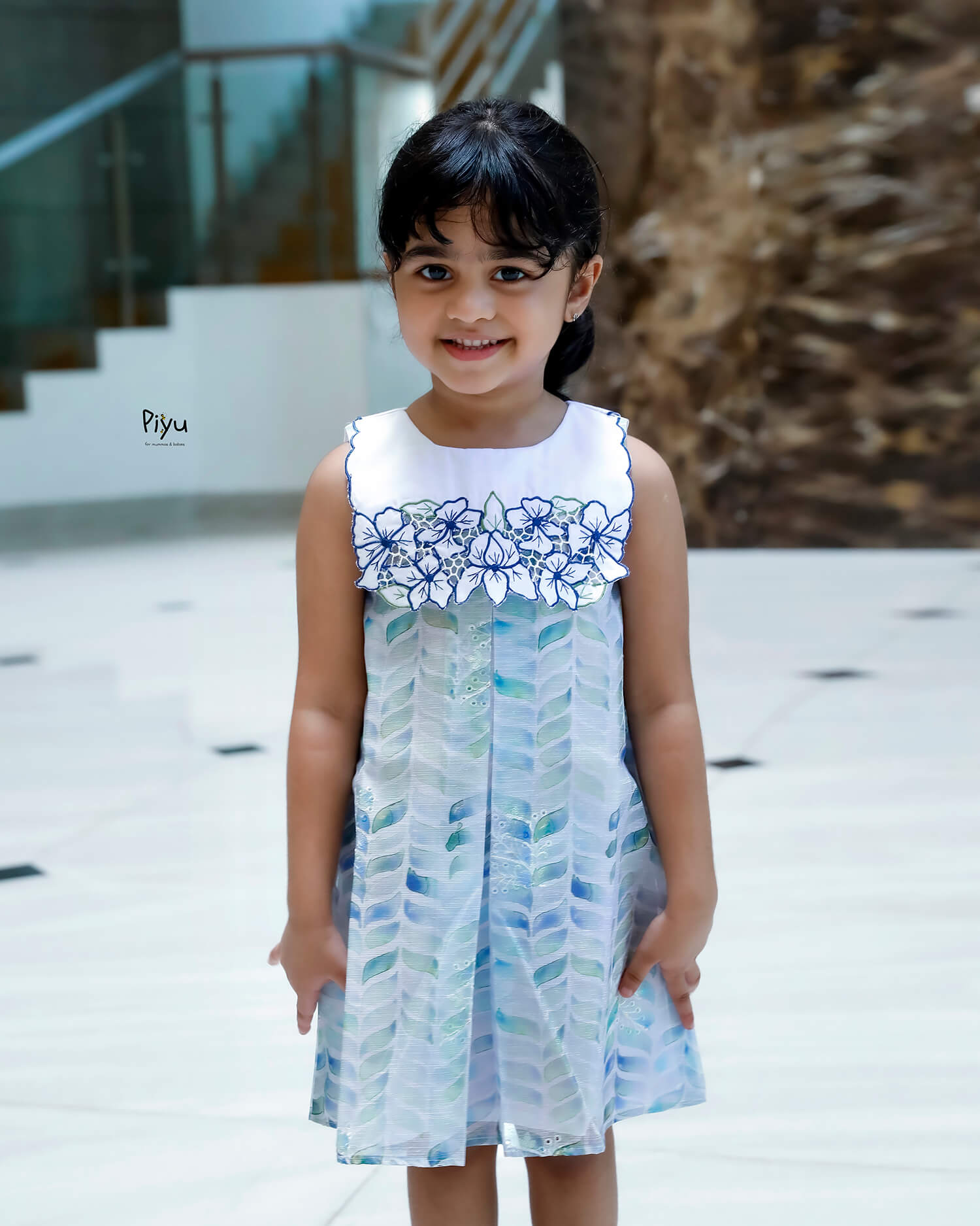 Linen Hakoba Frock: Scalloped Cutwork Box Pleat Dress-Blue.