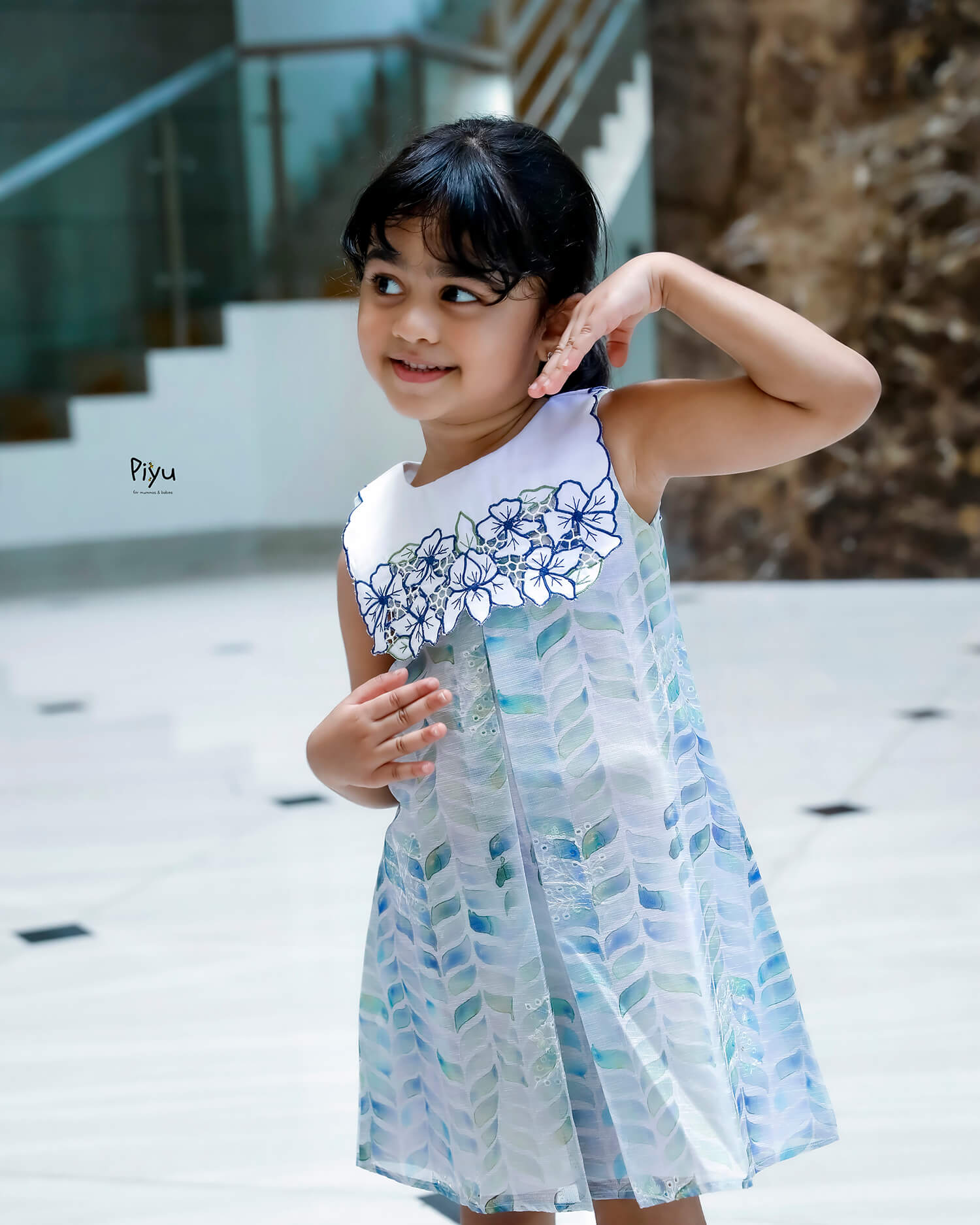 Linen Hakoba Frock: Scalloped Cutwork Box Pleat Dress-Blue.