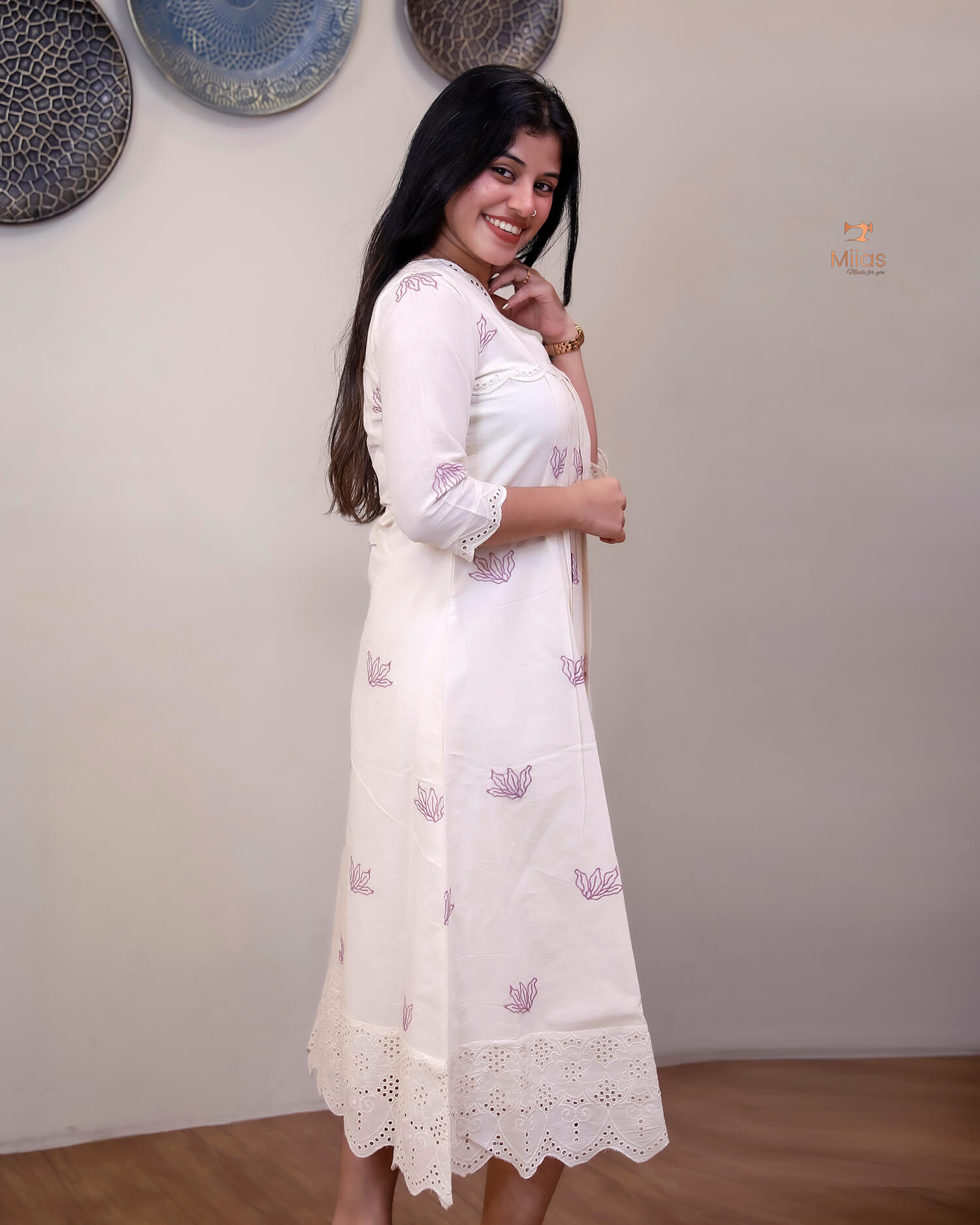 Kora Cotton A-Line Kurti | Off-White with Threadwork & Lace-Violet print.