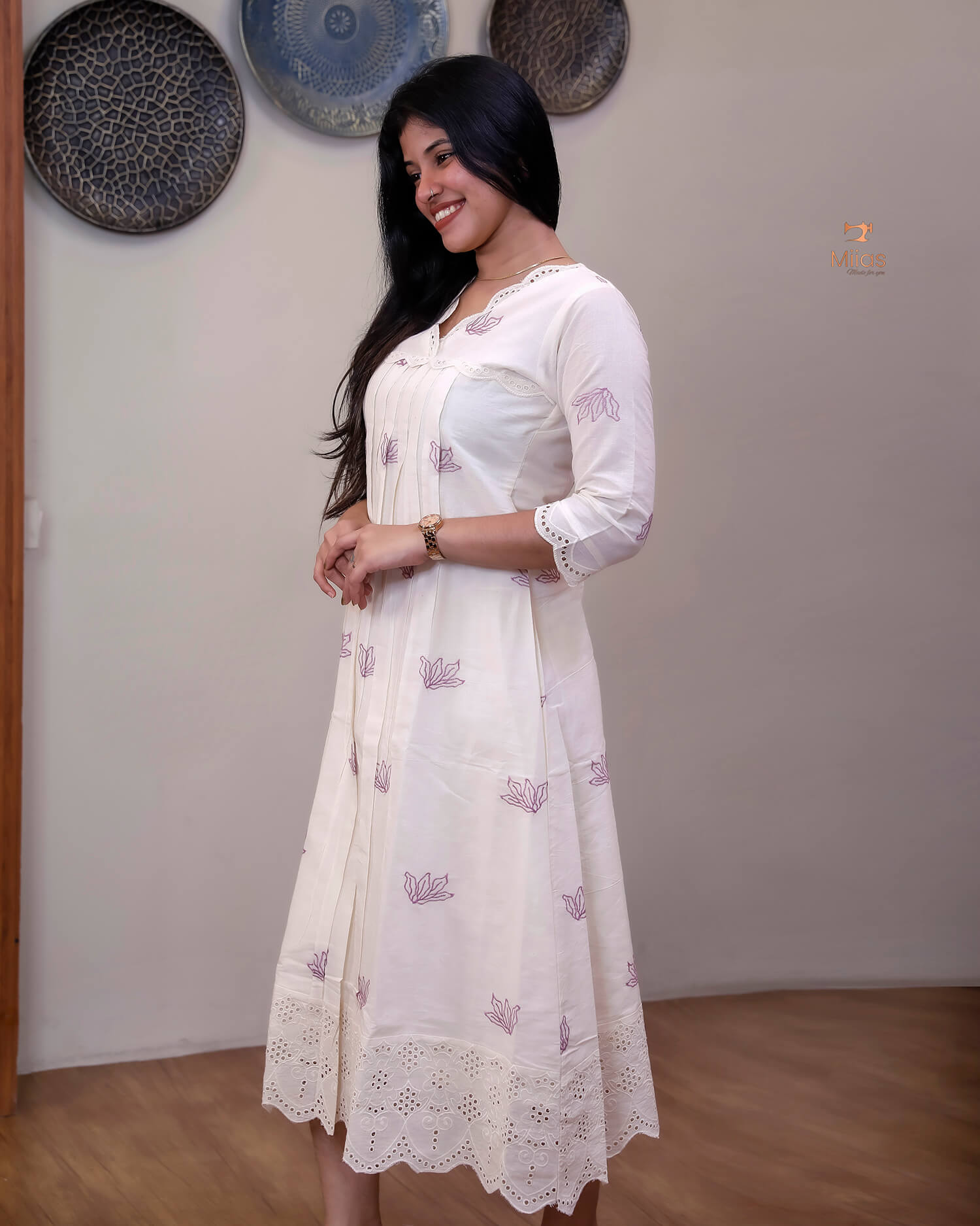 Kora Cotton A-Line Kurti | Off-White with Threadwork & Lace-Violet print.