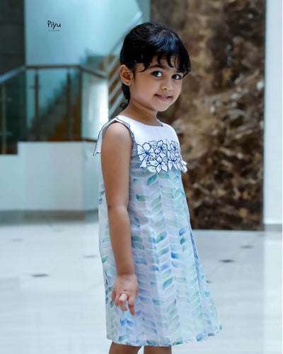 Linen Hakoba Frock: Scalloped Cutwork Box Pleat Dress-Blue.