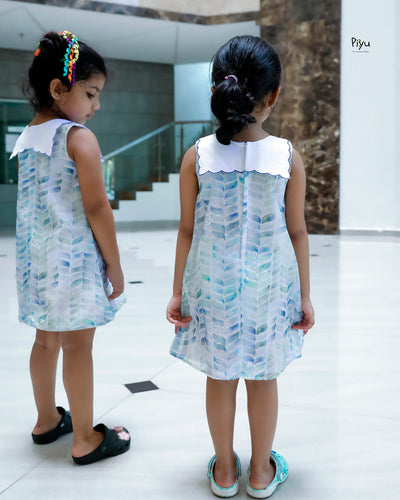 Linen Hakoba Frock: Scalloped Cutwork Box Pleat Dress-Blue.