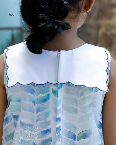 Linen Hakoba Frock: Scalloped Cutwork Box Pleat Dress-Blue.