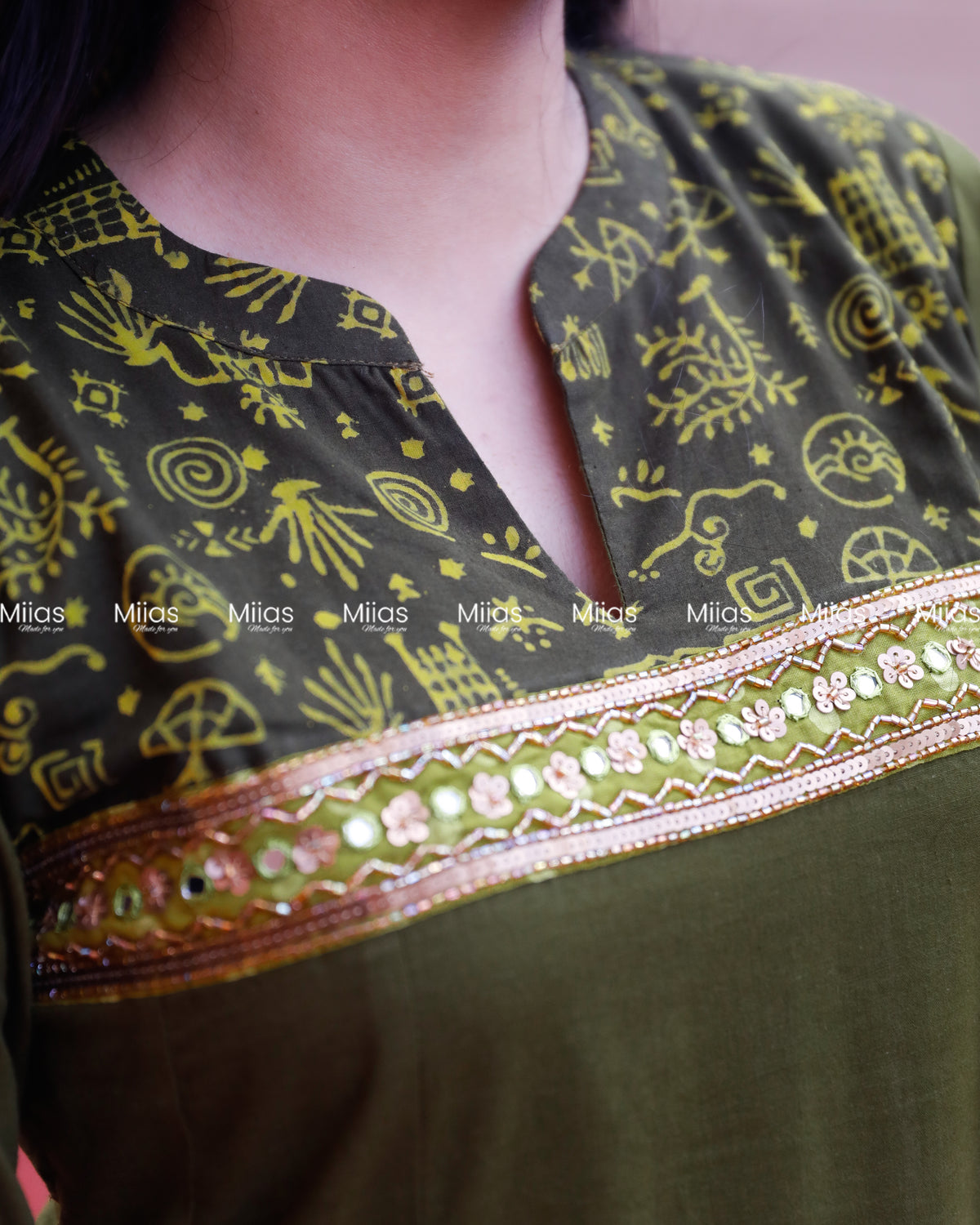 Cotton 5-Panel Kurti | Beaded Mirror Yoke + 2-Tone Border | Olive Green
