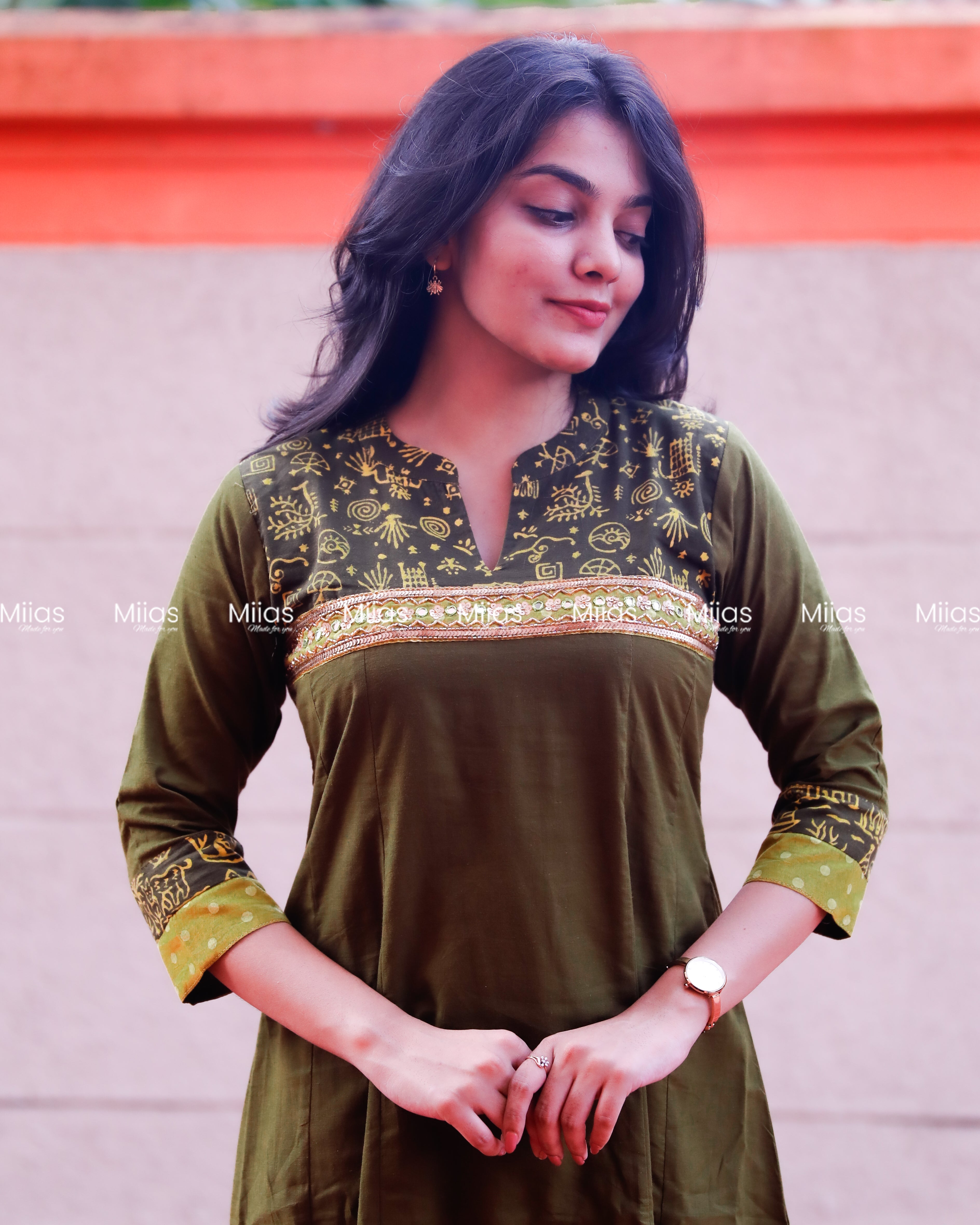 Cotton 5-Panel Kurti | Beaded Mirror Yoke + 2-Tone Border | Olive Green