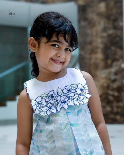 Linen Hakoba Frock: Scalloped Cutwork Box Pleat Dress-Blue.