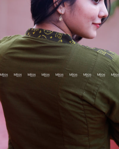 Cotton 5-Panel Kurti | Beaded Mirror Yoke + 2-Tone Border | Olive Green