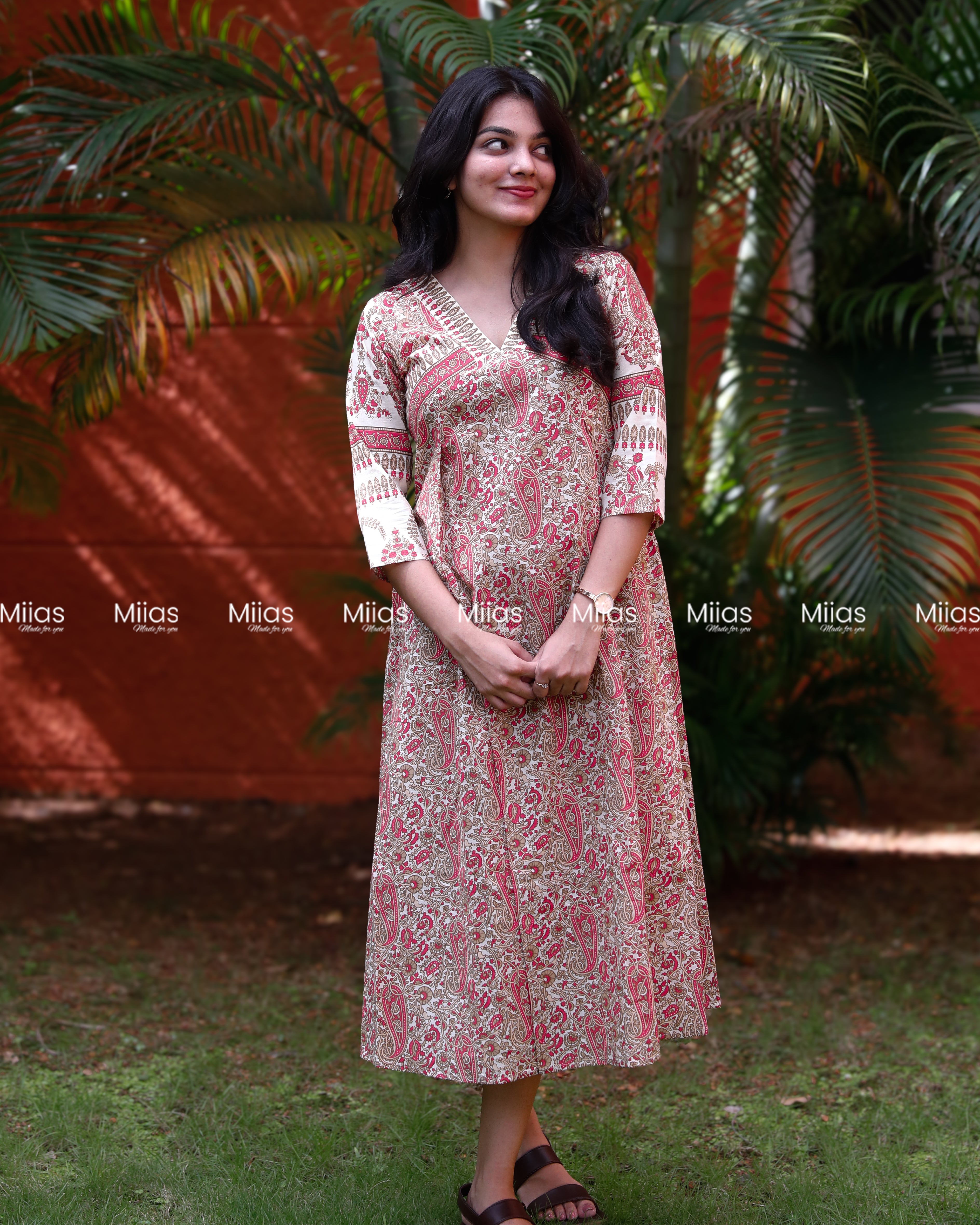 Jaipur Cotton A-Line Dress Kurti | Pintuck Yoke + Pockets | Peach print on Cream