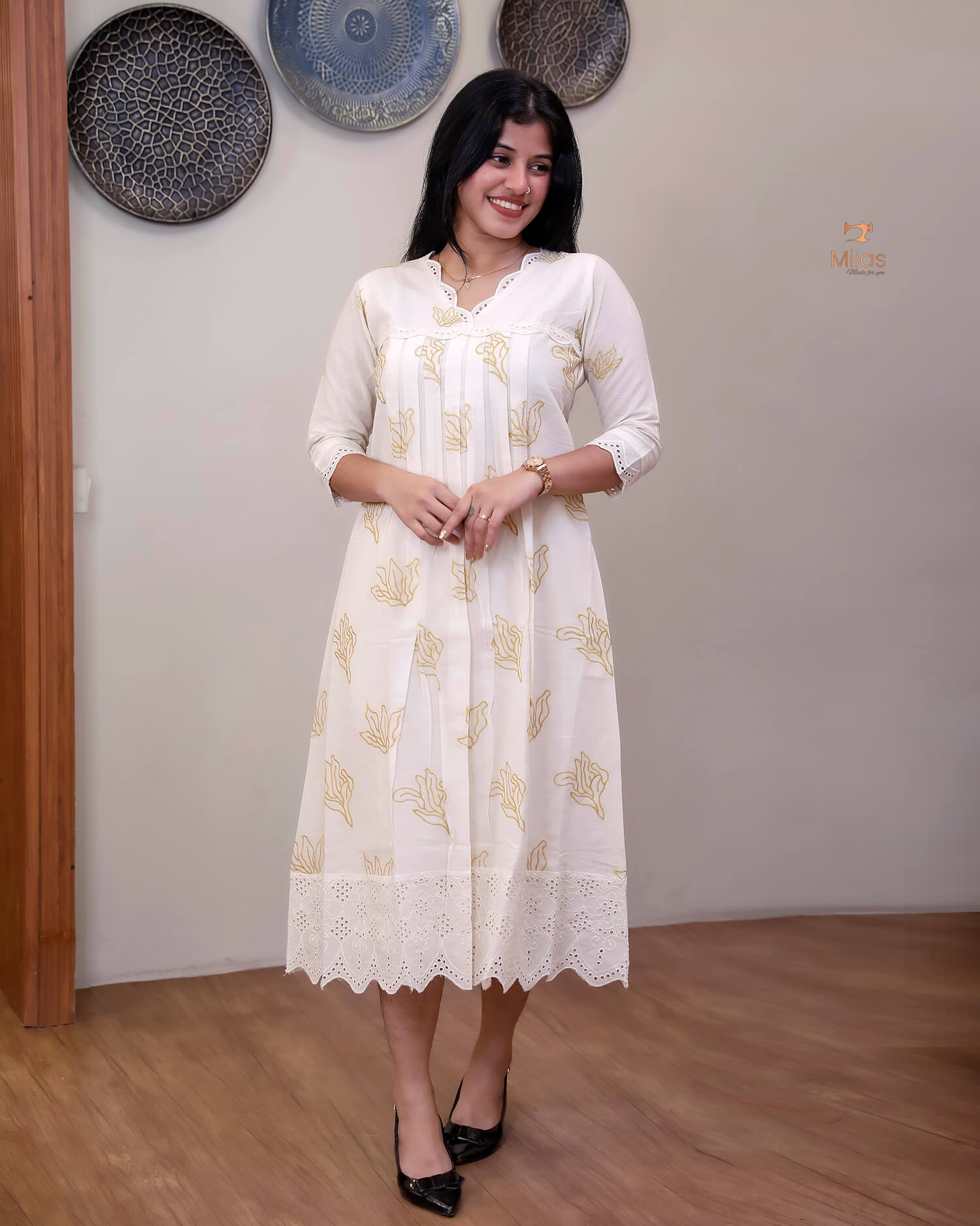 Kora Cotton A-Line Kurti | Off-White with Threadwork & Lace-Mustard Yellow Print.