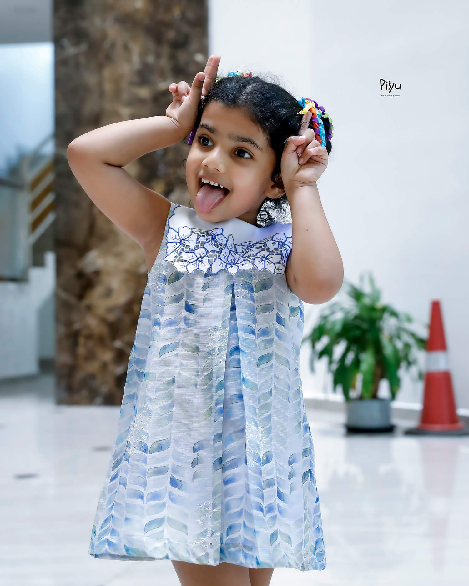 Linen Hakoba Frock: Scalloped Cutwork Box Pleat Dress-Blue.