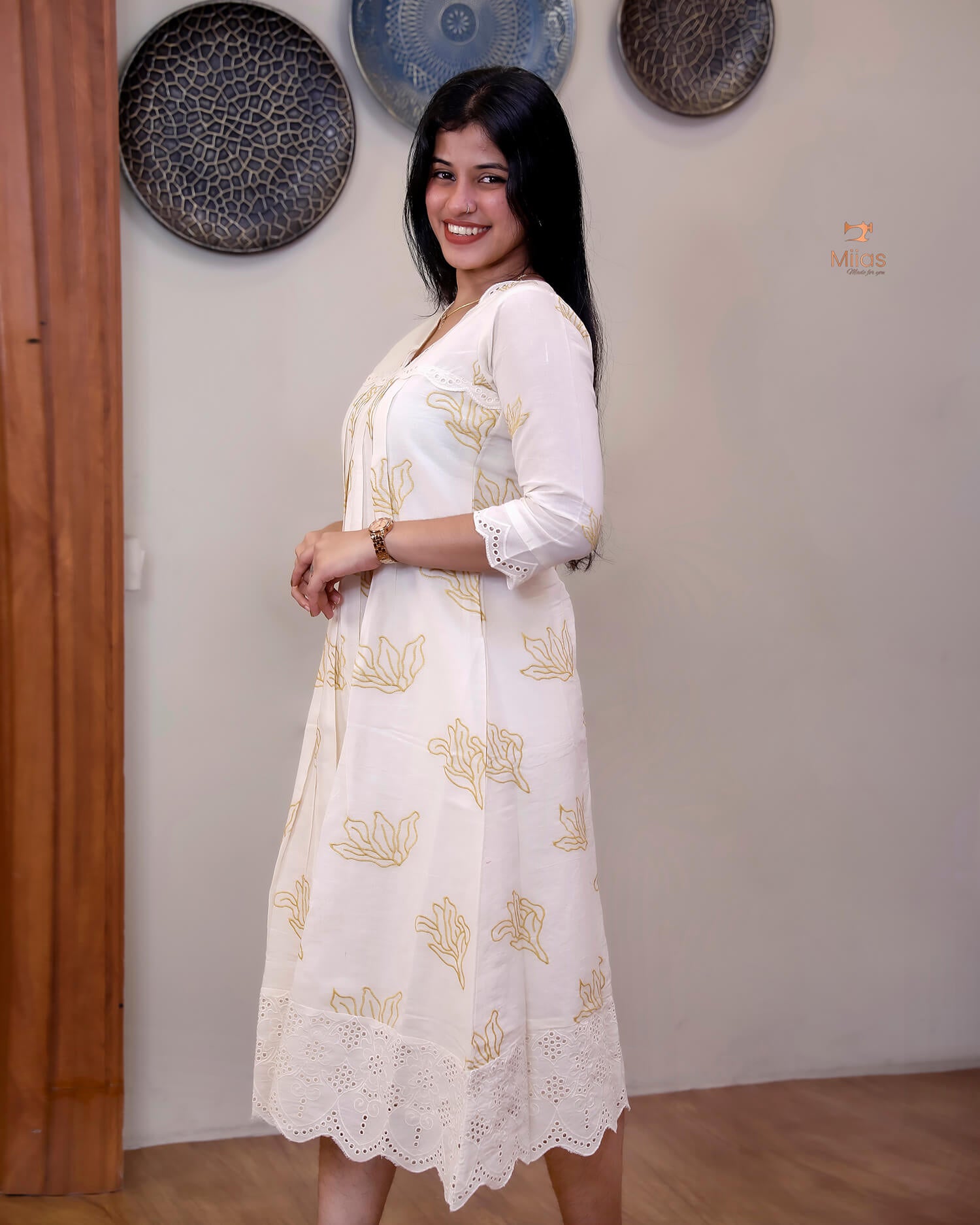 Kora Cotton A-Line Kurti | Off-White with Threadwork & Lace-Mustard Yellow Print.