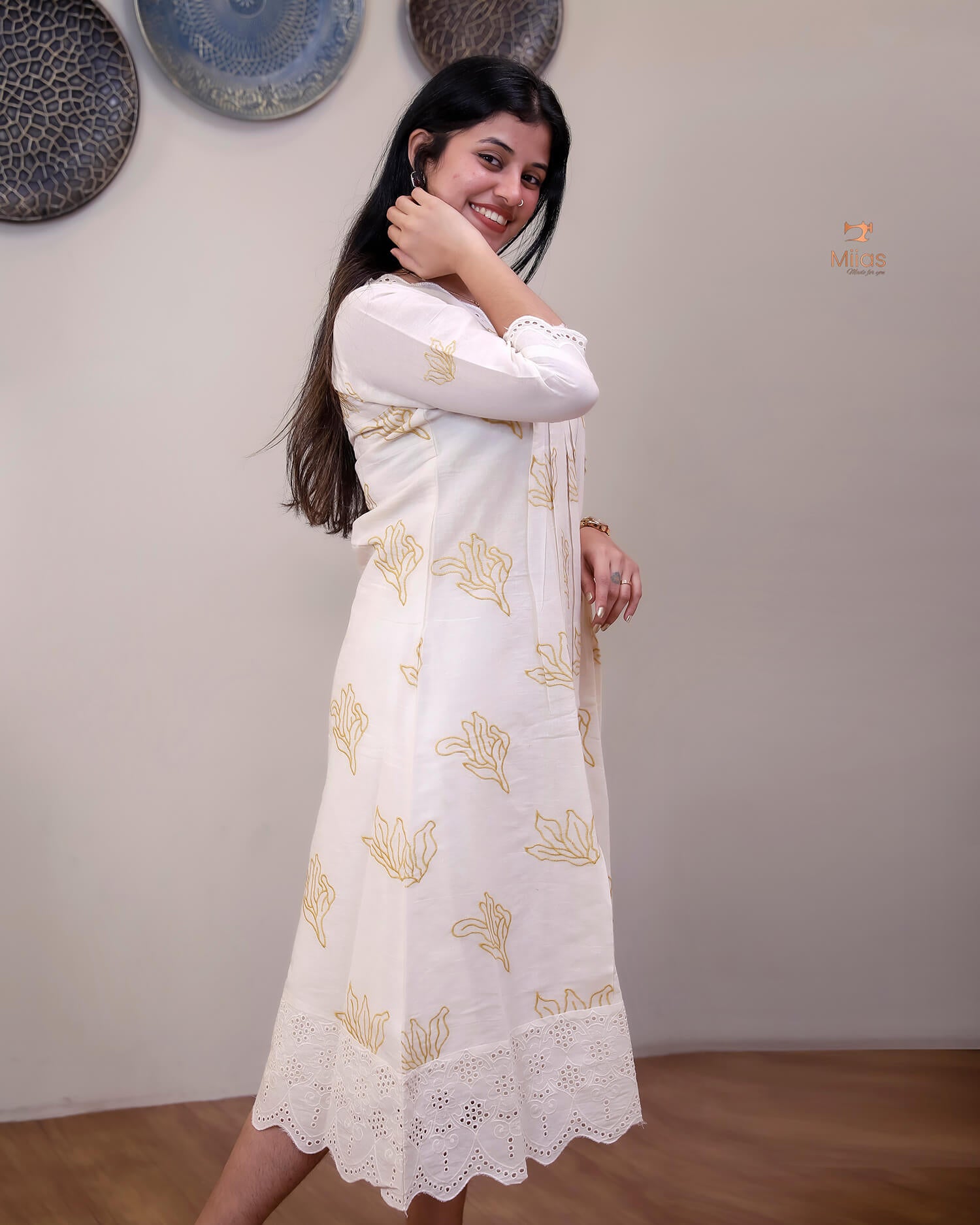Kora Cotton A-Line Kurti | Off-White with Threadwork & Lace-Mustard Yellow Print.
