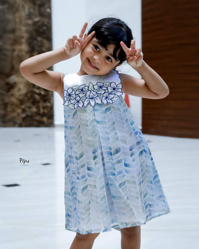Linen Hakoba Frock: Scalloped Cutwork Box Pleat Dress-Blue.