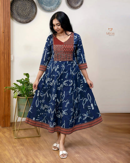 Ajrakh Print Cotton Kurti with Mirror & Bead Work - South Cotton