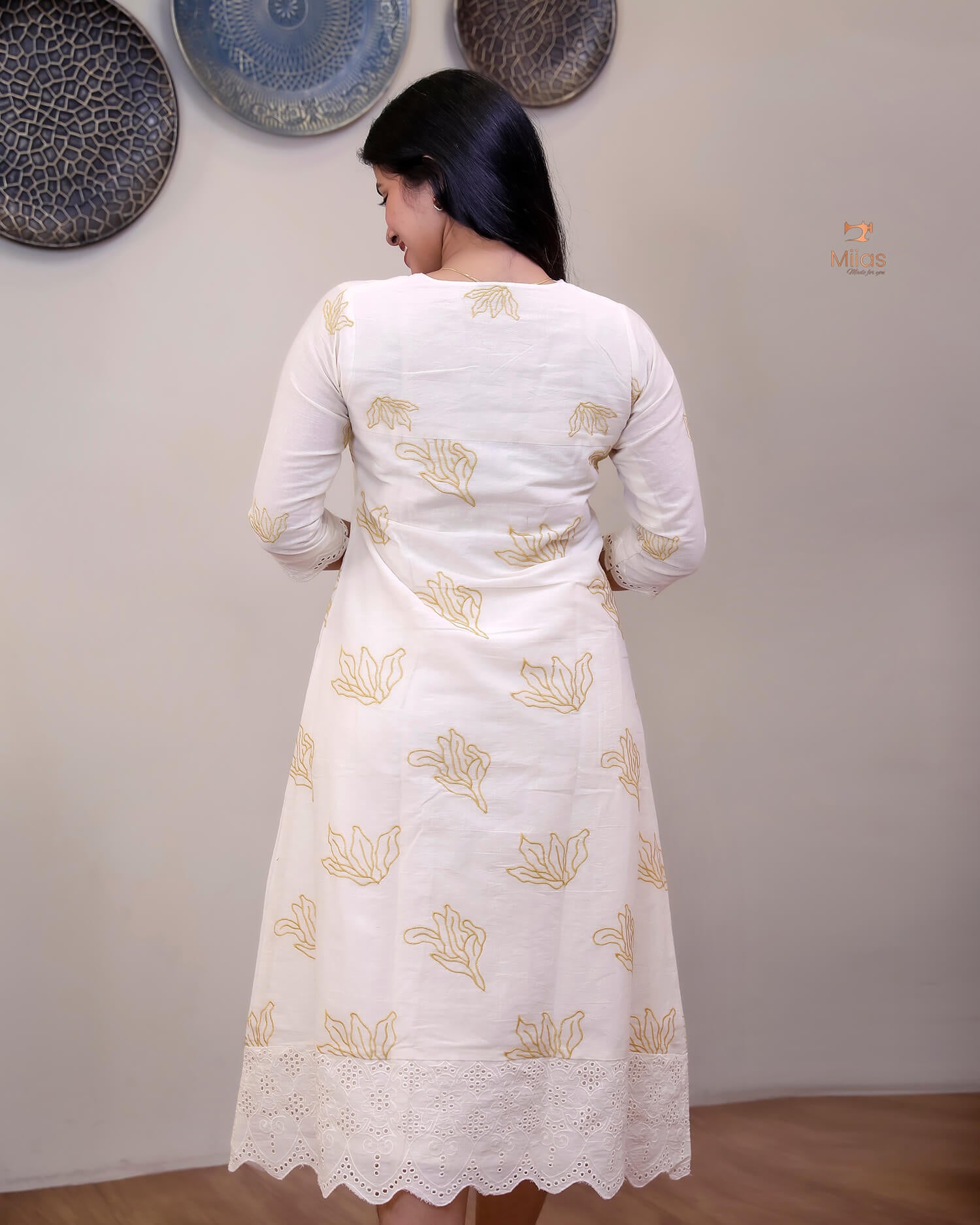 Kora Cotton A-Line Kurti | Off-White with Threadwork & Lace-Mustard Yellow Print.