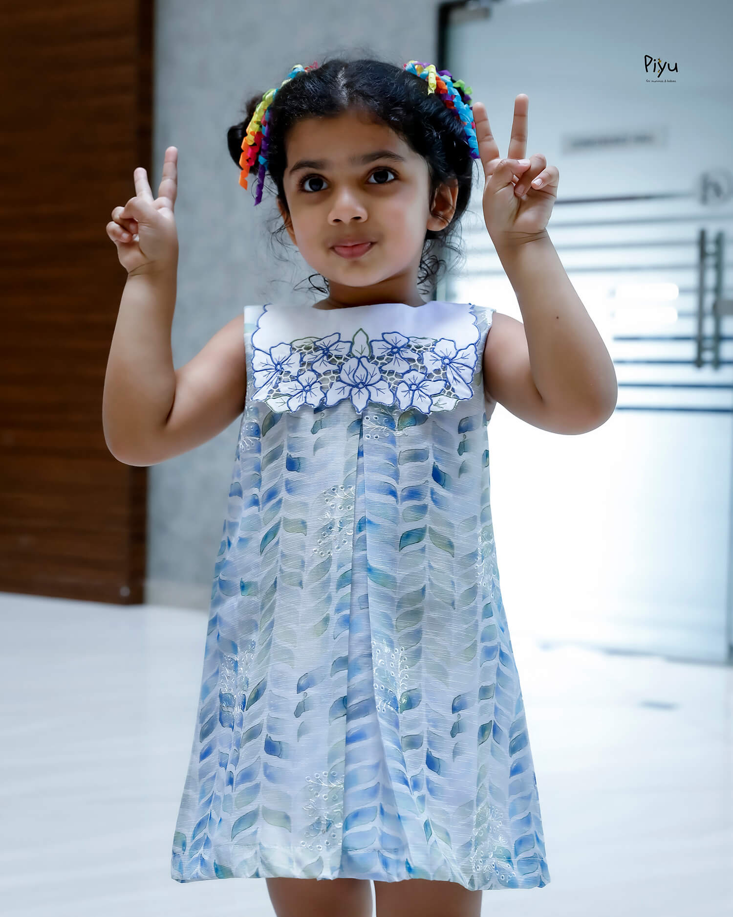 Linen Hakoba Frock: Scalloped Cutwork Box Pleat Dress-Blue.