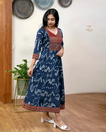 Ajrakh Print Cotton Kurti with Mirror & Bead Work - South Cotton