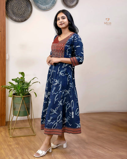 Ajrakh Print Cotton Kurti with Mirror & Bead Work - South Cotton