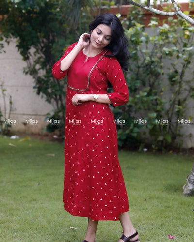 Mul Cotton Bandhani Kurti | Embroidered Yoke + Piping | Red