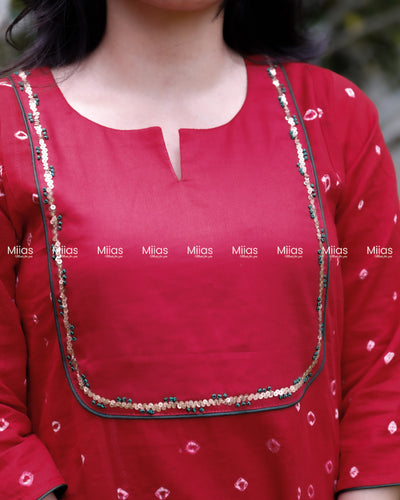 Mul Cotton Bandhani Kurti | Embroidered Yoke + Piping | Red