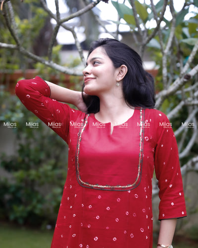 Mul Cotton Bandhani Kurti | Embroidered Yoke + Piping | Red
