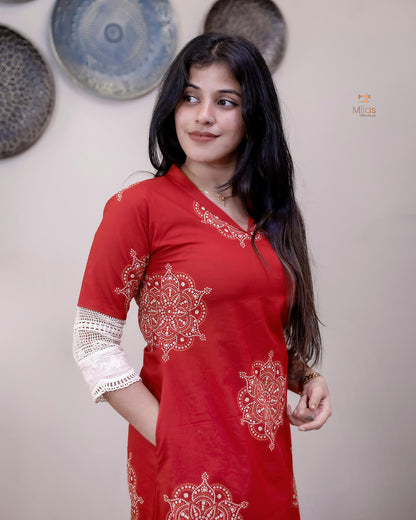 South Cotton Dress Kurti: Crochet Lace & Pocket