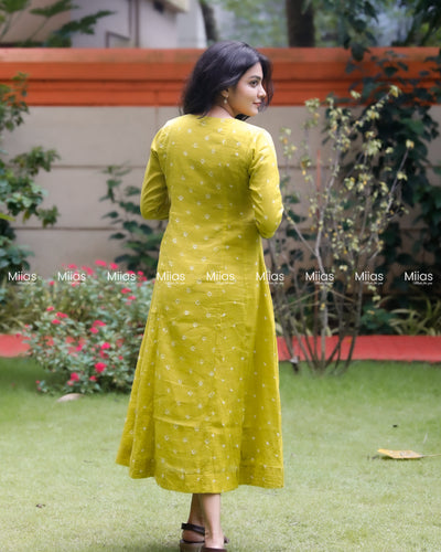 Mul Cotton Bandhani Kurti | Embroidered Yoke + Piping | Yellow