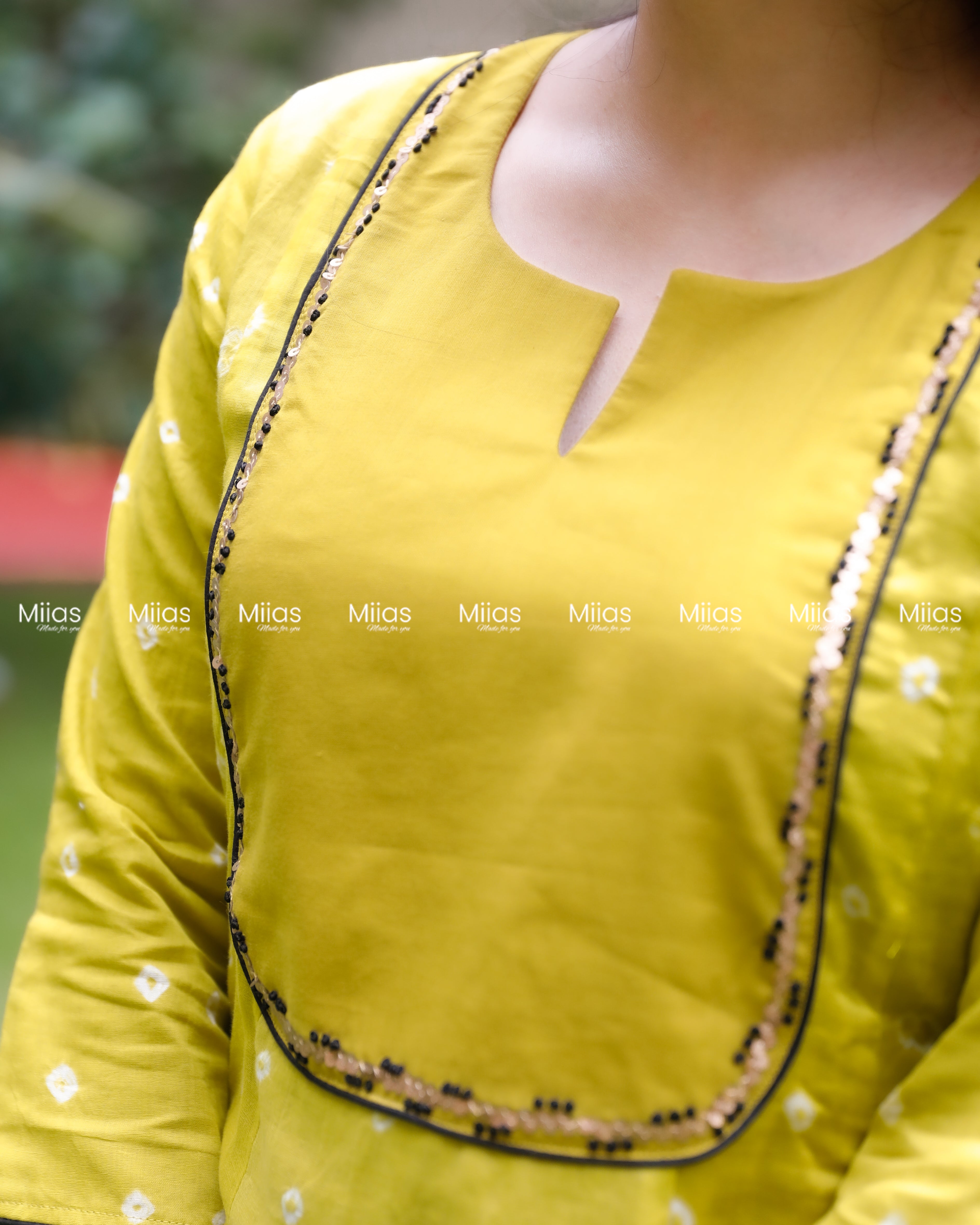 Mul Cotton Bandhani Kurti | Embroidered Yoke + Piping | Yellow