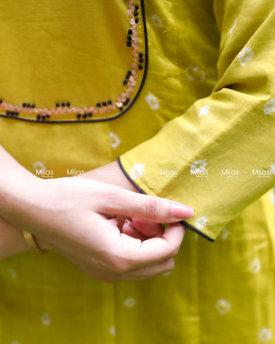 Mul Cotton Bandhani Kurti | Embroidered Yoke + Piping | Yellow