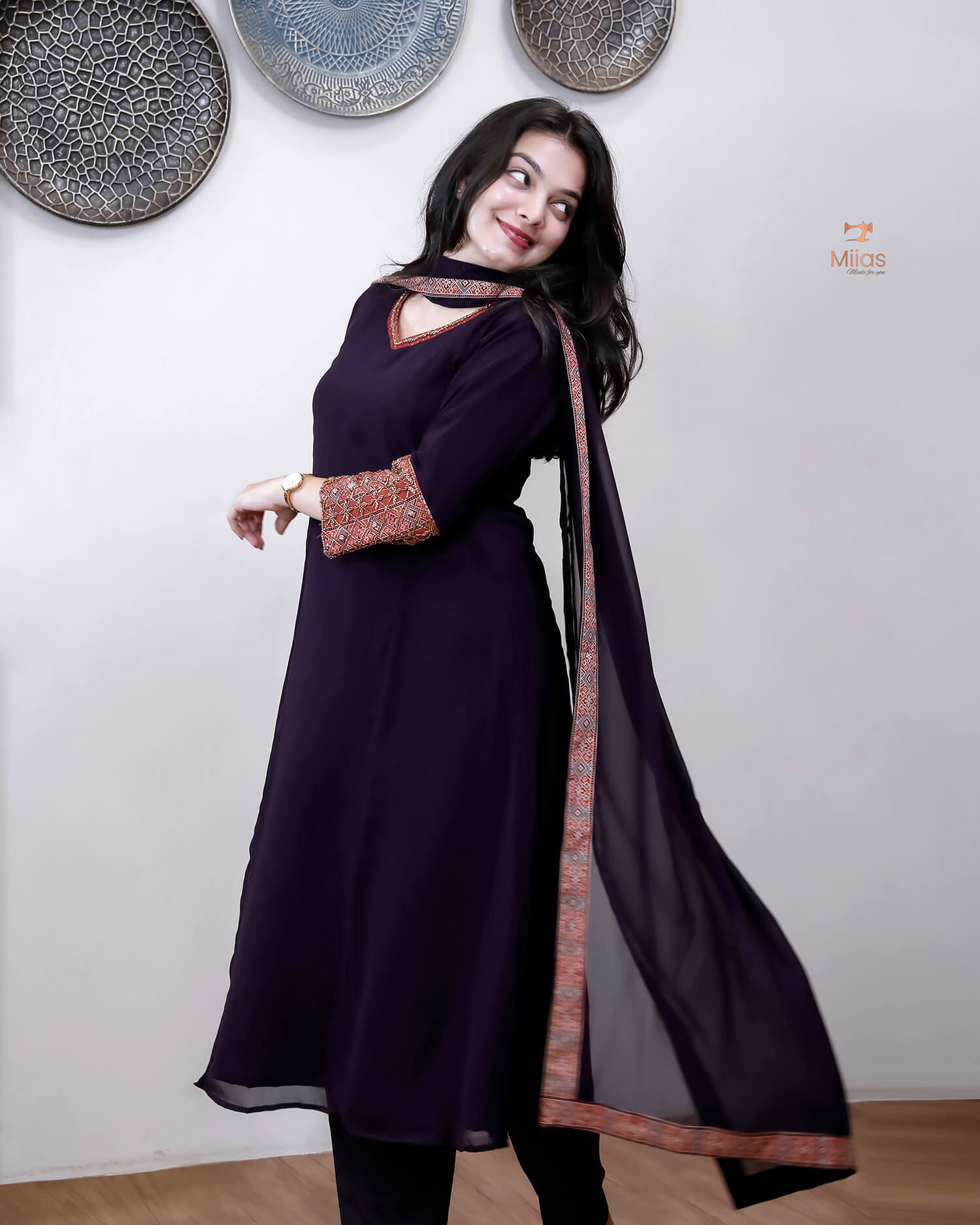 Georgette 3-Piece Set: Cut Bead & Mirror Embellished-Purple.