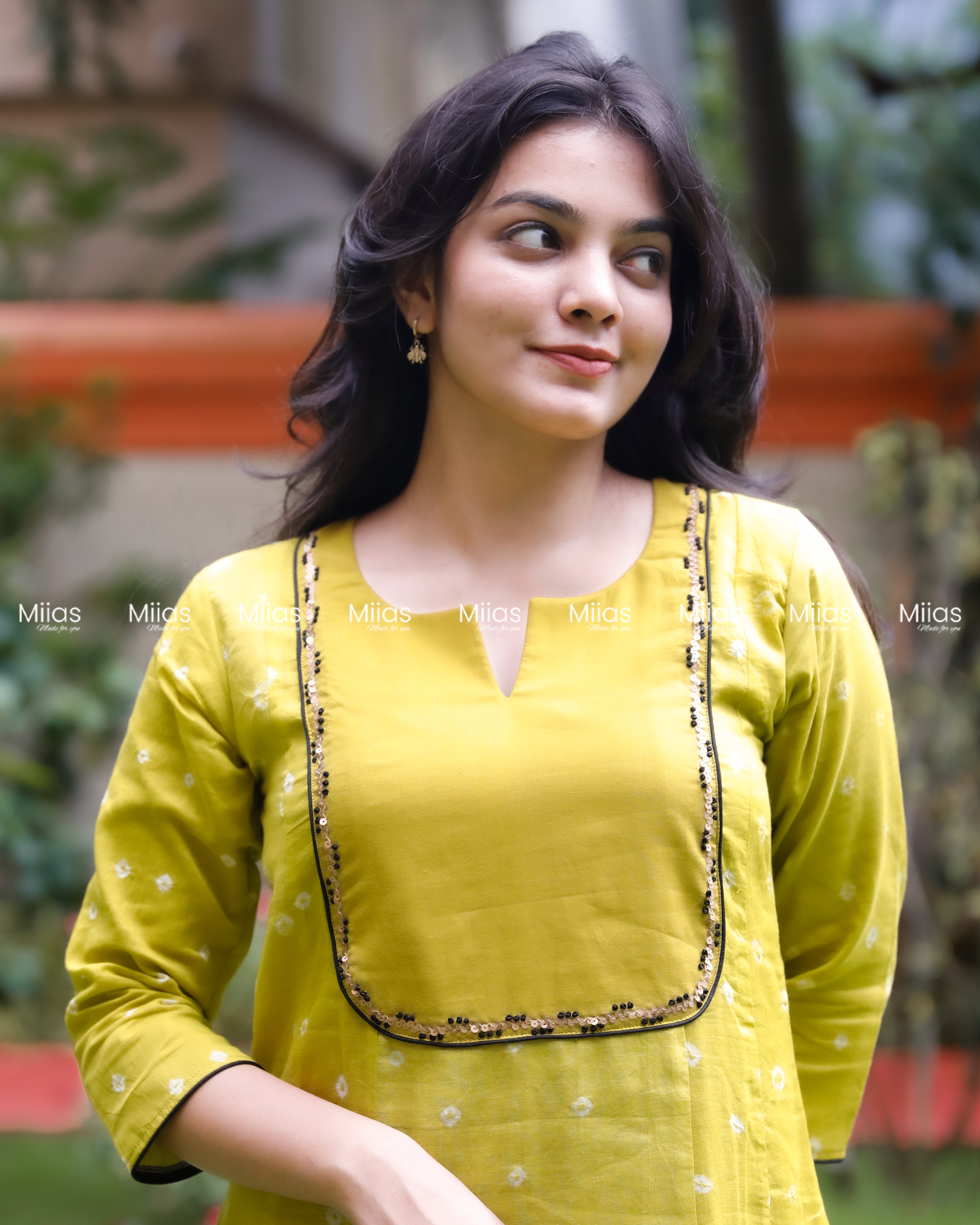 Mul Cotton Bandhani Kurti | Embroidered Yoke + Piping | Yellow